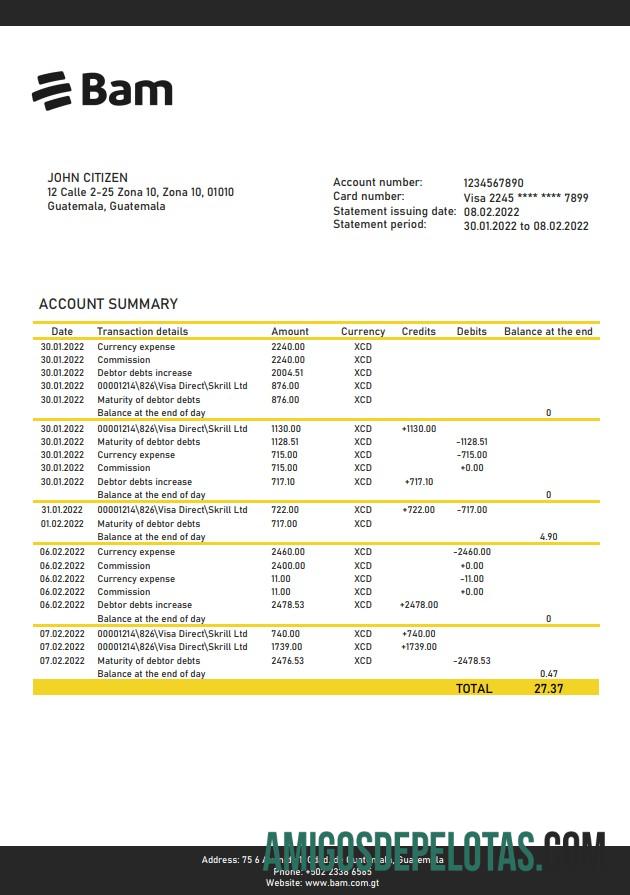 Exemplo de extrato bancário da Guatemala Agromercantil